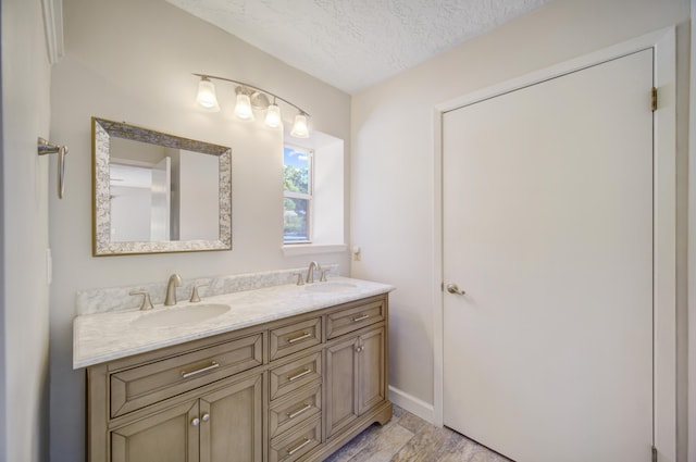 bathroom with vanity, wood-type flooring, and a textured ceiling