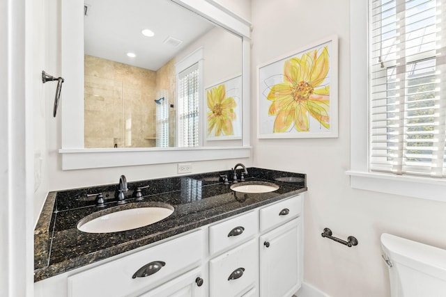 bathroom with vanity, an enclosed shower, and toilet