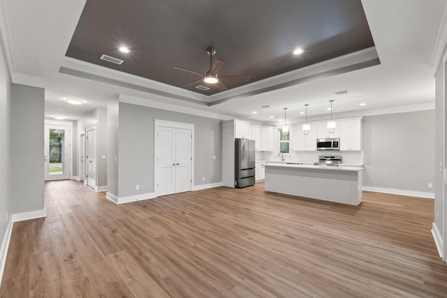 kitchen featuring stainless steel appliances, white cabinetry, a tray ceiling, and light hardwood / wood-style floors