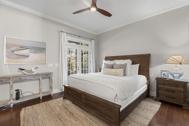 bedroom with ceiling fan, french doors, dark hardwood / wood-style flooring, access to outside, and ornamental molding