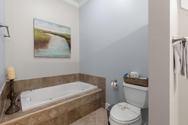 bathroom featuring a relaxing tiled tub, ornamental molding, and toilet