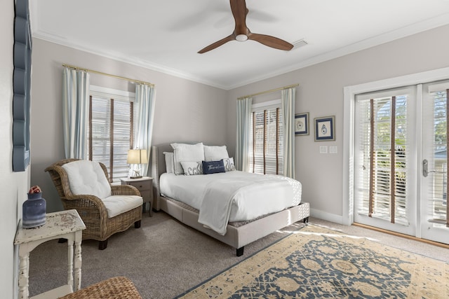 carpeted bedroom featuring access to exterior, ceiling fan, and crown molding