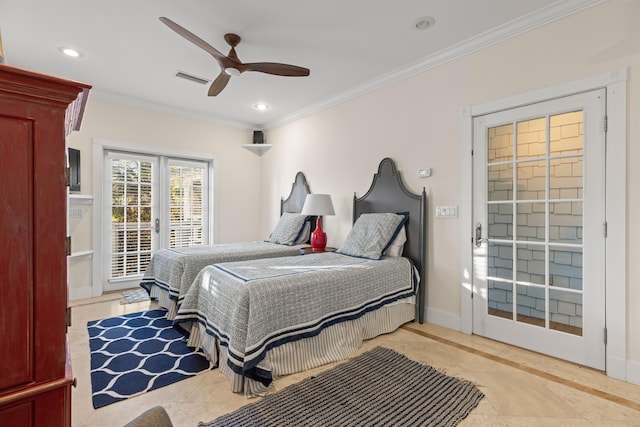 tiled bedroom featuring access to exterior, ceiling fan, and ornamental molding