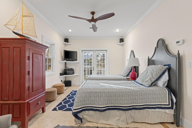 bedroom featuring french doors, ceiling fan, and crown molding