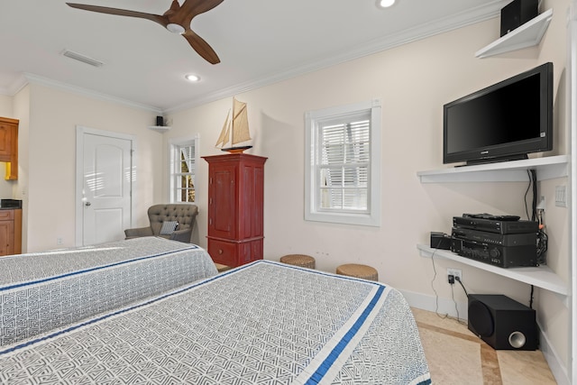 bedroom featuring ceiling fan and crown molding