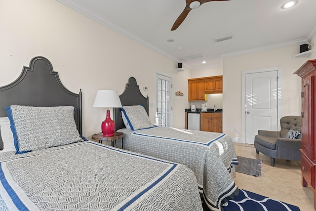 bedroom with stainless steel refrigerator, ceiling fan, crown molding, and sink