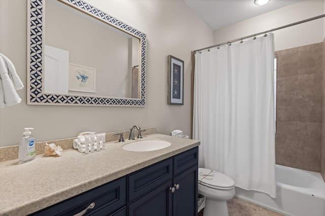 full bathroom featuring shower / bath combo, vanity, and toilet