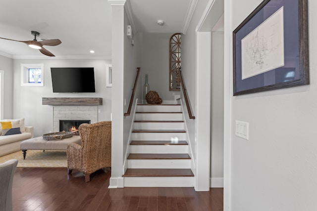 stairs featuring hardwood / wood-style flooring, ceiling fan, a stone fireplace, and crown molding