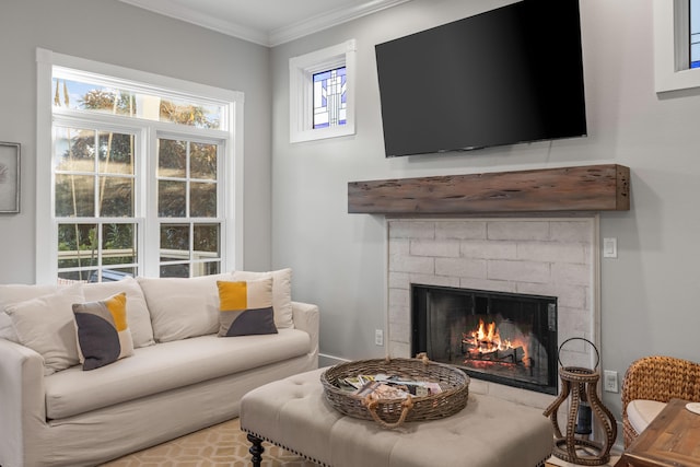 living room featuring a fireplace and crown molding