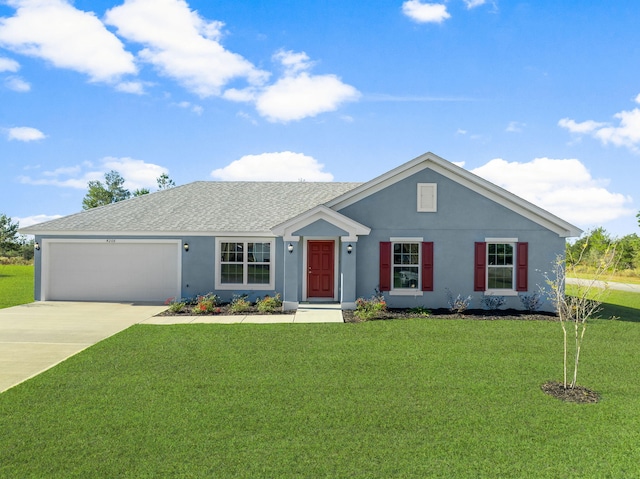 ranch-style house with a front lawn and a garage