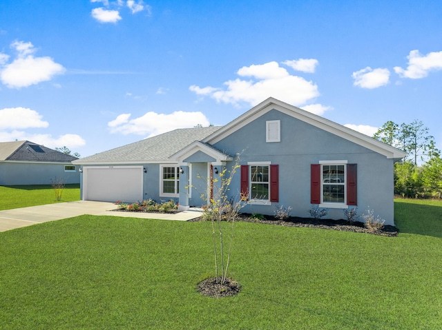 ranch-style home featuring a garage and a front lawn