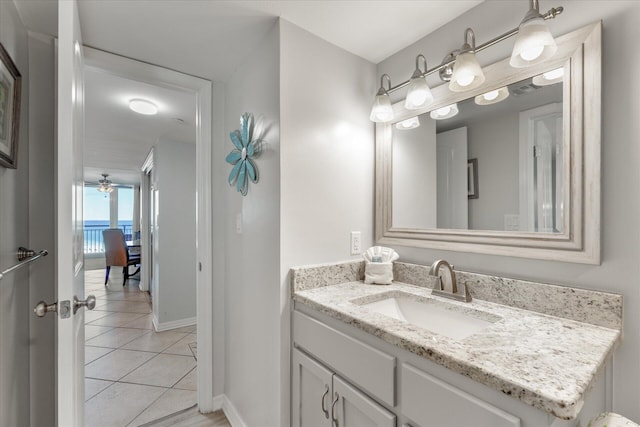 bathroom with tile patterned floors, ceiling fan, and vanity