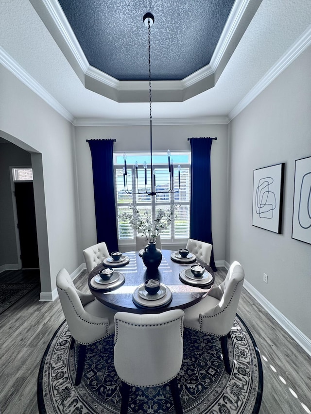 624 Tournament Ln, Freeport, FL 32439 - dining area featuring a tray ceiling, a textured ceiling, wood finished floors, a chandelier, and baseboards