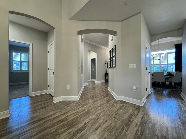 624 Tournament Ln, Freeport, FL 32439 - hallway featuring plenty of natural light, dark wood-type flooring, baseboards, arched walkways, and crown molding