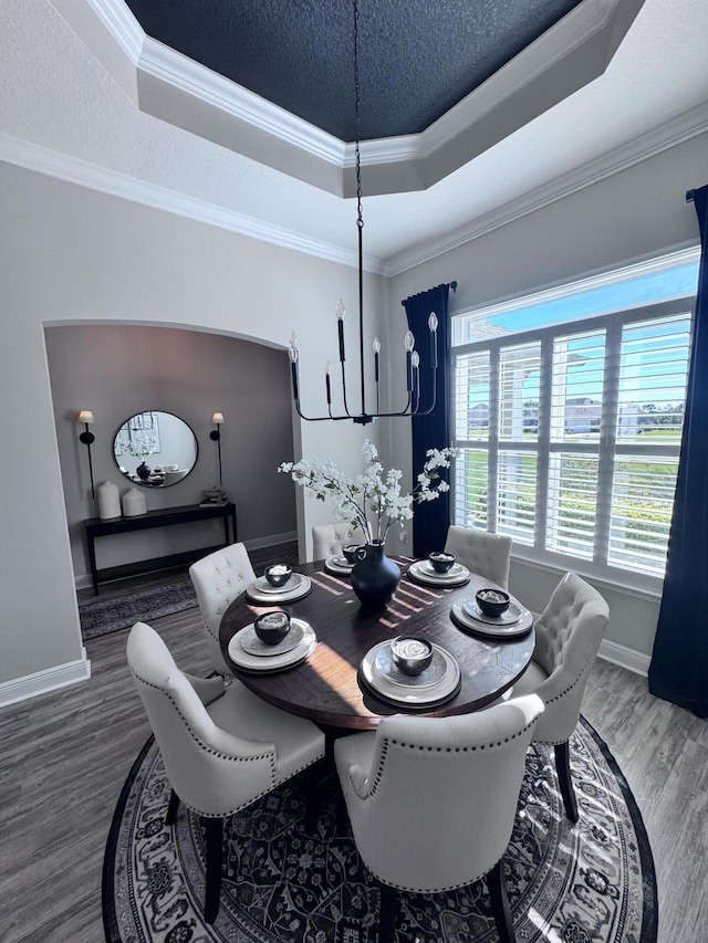 624 Tournament Ln, Freeport, FL 32439 - dining space with a tray ceiling, wood finished floors, baseboards, ornamental molding, and a textured ceiling