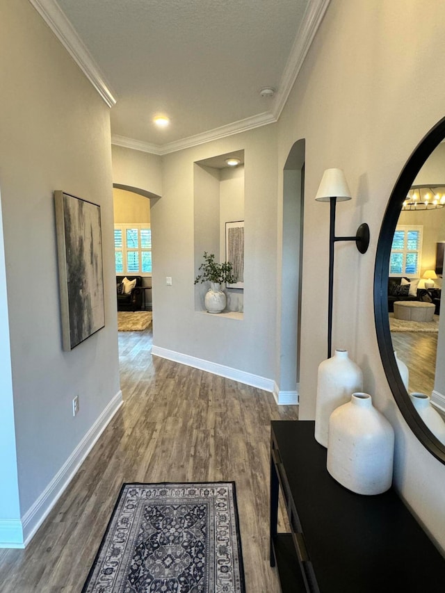 corridor featuring wood-type flooring and ornamental molding