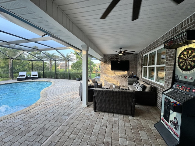 624 Tournament Ln, Freeport, FL 32439 - view of patio / terrace with ceiling fan, outdoor lounge area, an outdoor pool, and glass enclosure