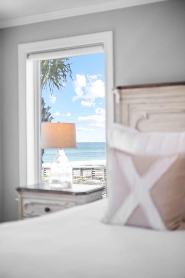 room details featuring a water view, crown molding, and a view of the beach