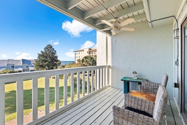 balcony featuring ceiling fan