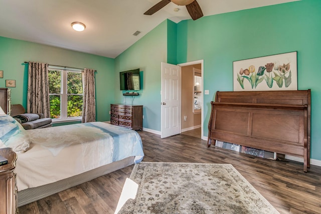 bedroom featuring ceiling fan, dark hardwood / wood-style flooring, and high vaulted ceiling