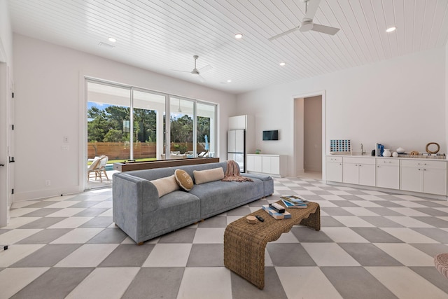 living room with wood ceiling