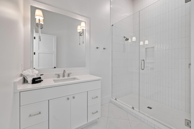 bathroom with tile patterned floors, vanity, and an enclosed shower