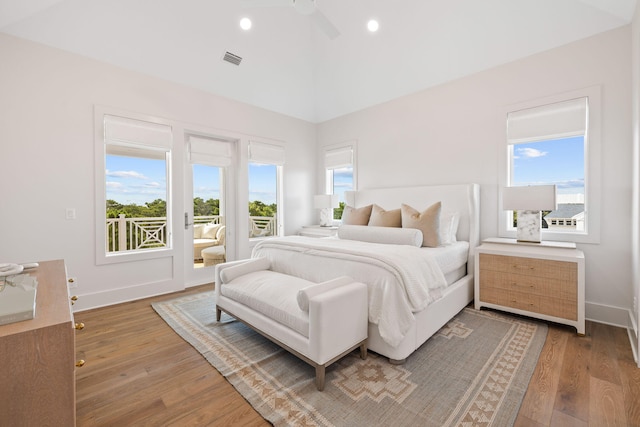 bedroom with hardwood / wood-style floors and ceiling fan