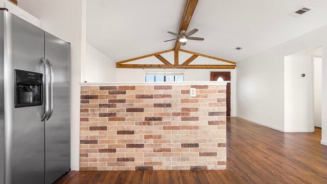 kitchen with stainless steel fridge with ice dispenser, vaulted ceiling with beams, dark hardwood / wood-style flooring, and ceiling fan