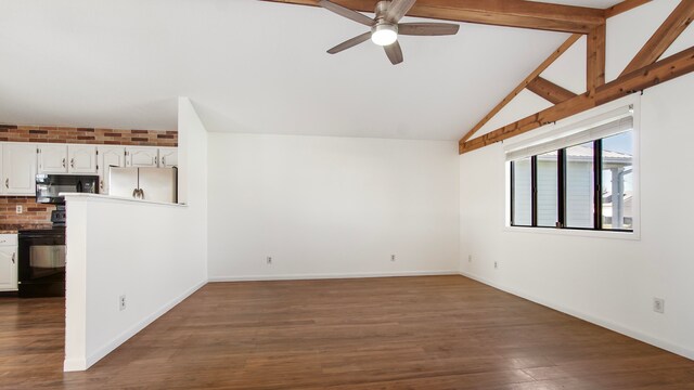 unfurnished living room with dark hardwood / wood-style floors, ceiling fan, beam ceiling, and high vaulted ceiling