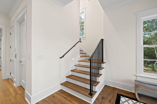 stairs featuring hardwood / wood-style flooring and ornamental molding