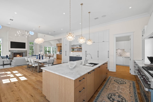 kitchen featuring white cabinets, light hardwood / wood-style floors, sink, and a large island with sink