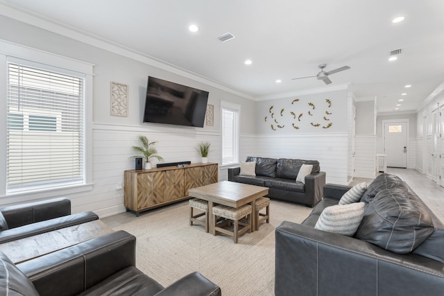 326 E Lakeshore Dr, Panama City Beach, FL 32413 - living room with wainscoting, ornamental molding, recessed lighting, and a ceiling fan