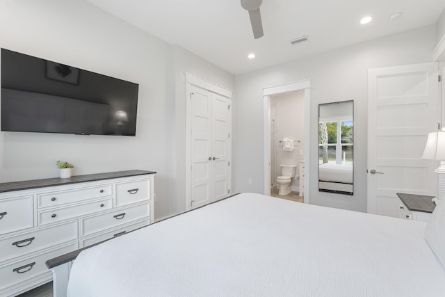 326 E Lakeshore Dr, Panama City Beach, FL 32413 - bedroom featuring recessed lighting, ensuite bath, and a ceiling fan