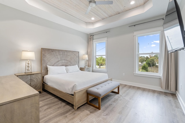 326 E Lakeshore Dr, Panama City Beach, FL 32413 - bedroom featuring a raised ceiling, light wood-style flooring, wood ceiling, recessed lighting, and ceiling fan