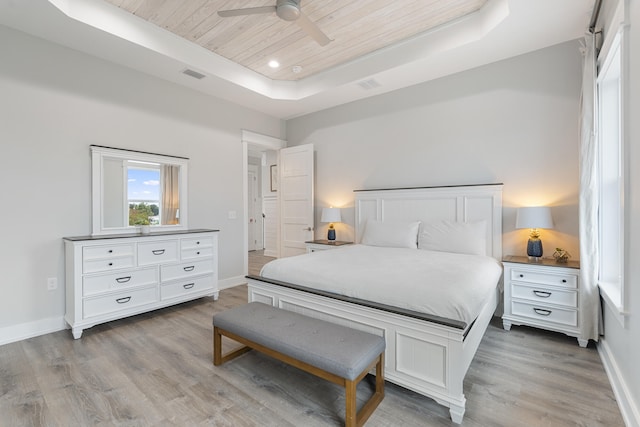 326 E Lakeshore Dr, Panama City Beach, FL 32413 - bedroom featuring a raised ceiling, wood ceiling, wood finished floors, a ceiling fan, and recessed lighting