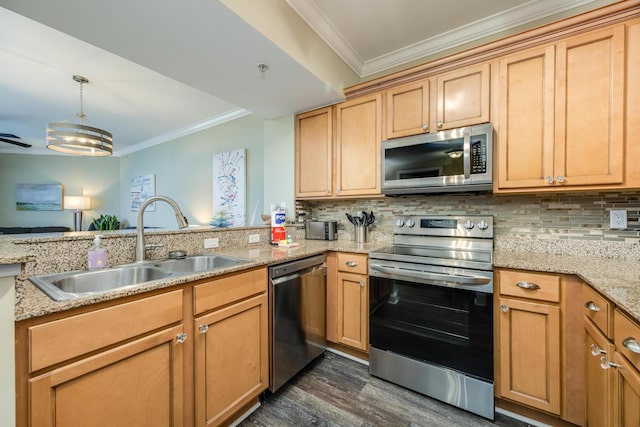 kitchen featuring dark hardwood / wood-style flooring, stainless steel appliances, ornamental molding, and sink