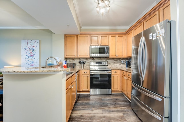 kitchen with dark wood-type flooring, crown molding, light stone counters, kitchen peninsula, and stainless steel appliances