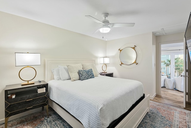 bedroom featuring wood-type flooring and ceiling fan