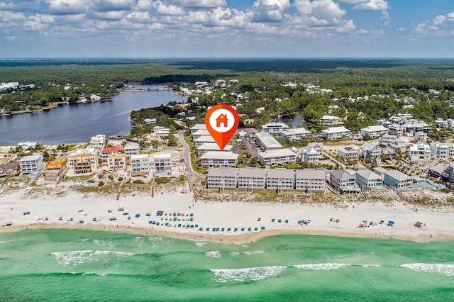 aerial view featuring a water view and a view of the beach