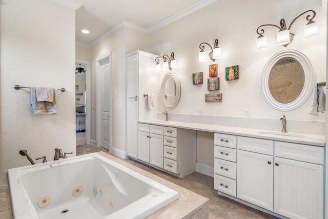 bathroom featuring crown molding, vanity, and a relaxing tiled tub