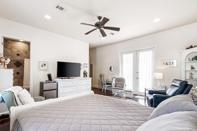 bedroom with ceiling fan, french doors, and light hardwood / wood-style floors