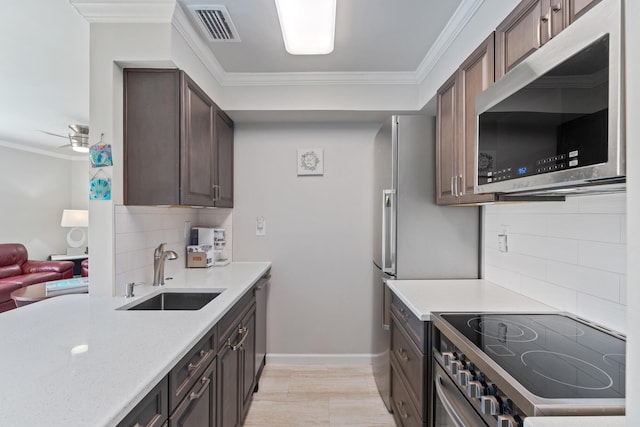 kitchen with backsplash, dark brown cabinets, sink, and appliances with stainless steel finishes