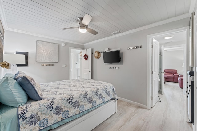 bedroom featuring ceiling fan, ornamental molding, wood ceiling, and light hardwood / wood-style flooring