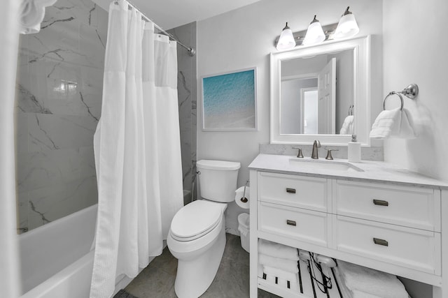 full bathroom featuring shower / bath combination with curtain, vanity, toilet, and tile patterned floors