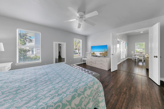 bedroom with multiple windows, dark hardwood / wood-style flooring, and ceiling fan