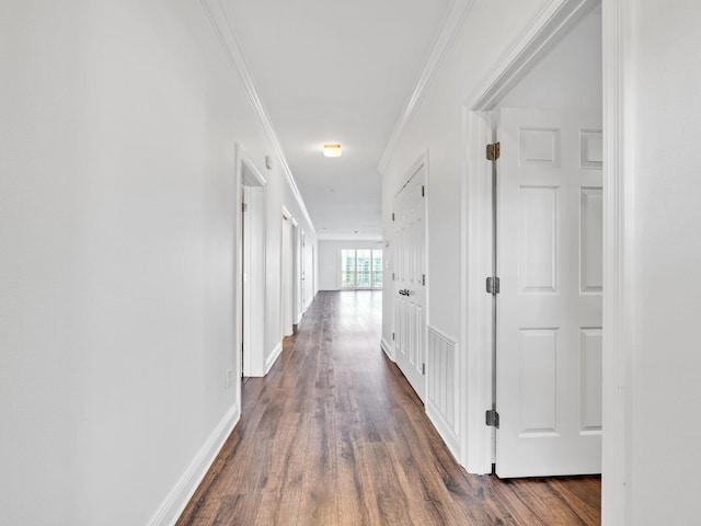 corridor with ornamental molding and dark wood-type flooring