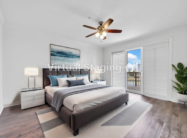 bedroom with access to exterior, ceiling fan, dark hardwood / wood-style flooring, and ornamental molding