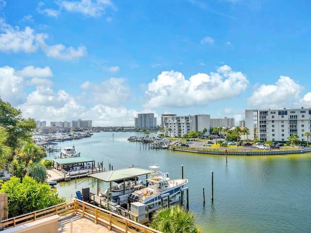 property view of water with a dock