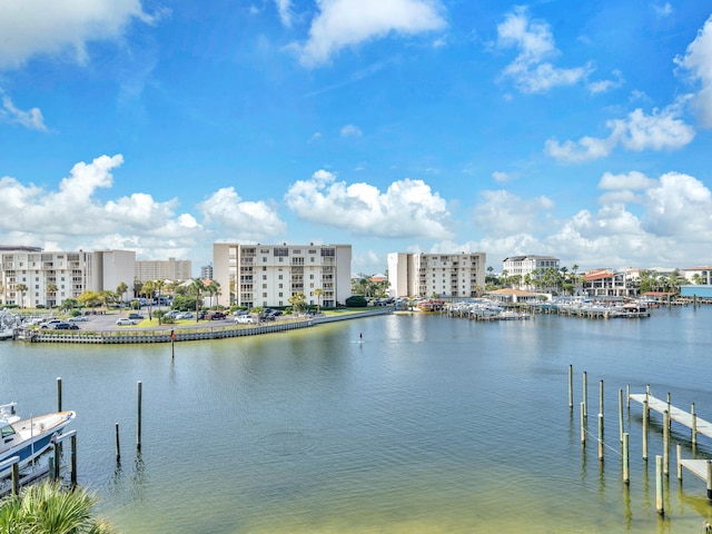 view of water feature with a boat dock