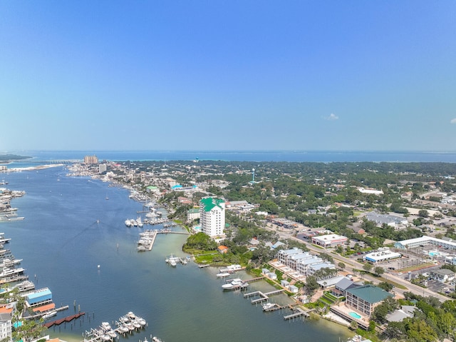 drone / aerial view featuring a water view